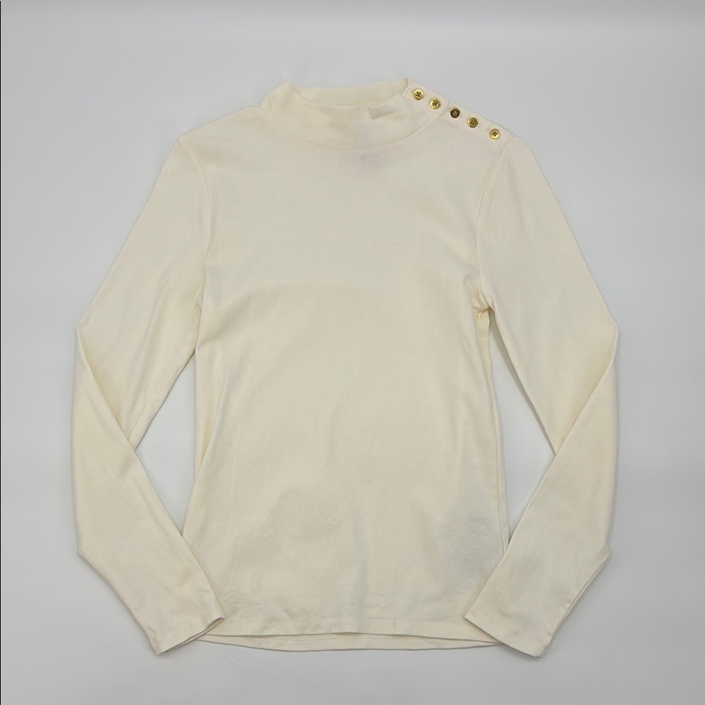 J. Crew factory Ivory Long‎ Sleeve Mockneck ribbed top Gold Button M NWT BS239